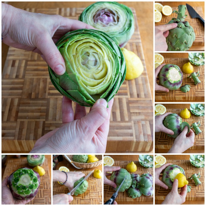 Collage showing each of the 8 steps for cleaning and preparing a whole artichoke to prepare to stuff. 