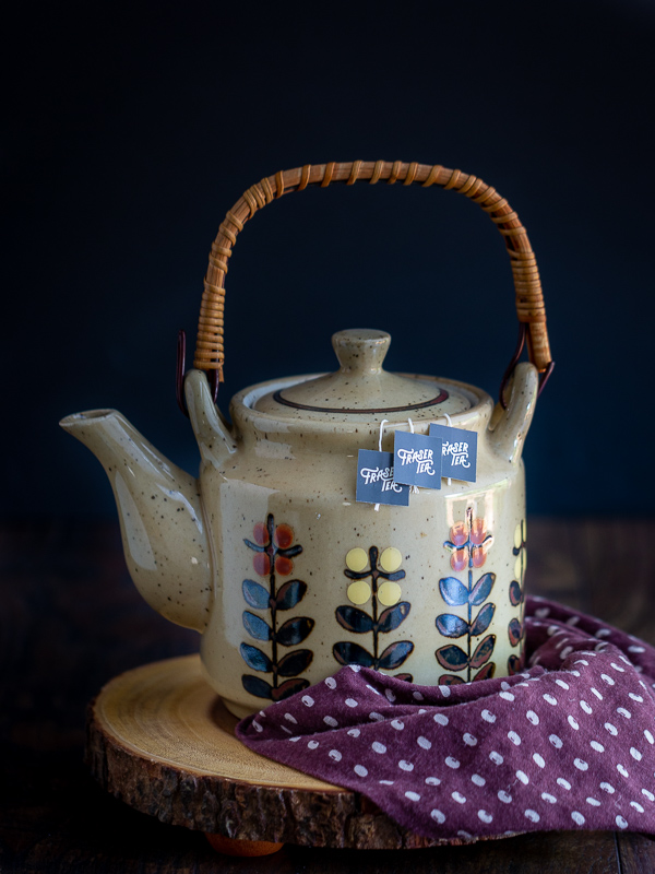 Tea pot steeping with Fraser Tea sachets. 