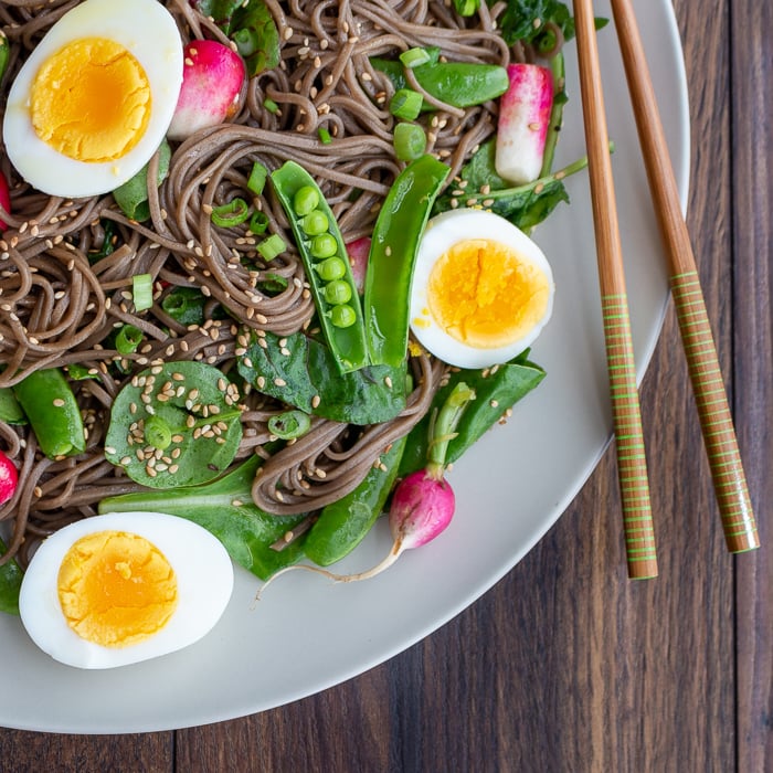 Close up shot of swirled soba noodles with snap peas, radishes and slices of hard boiled eggs and chopsticks on the side of the plate. 