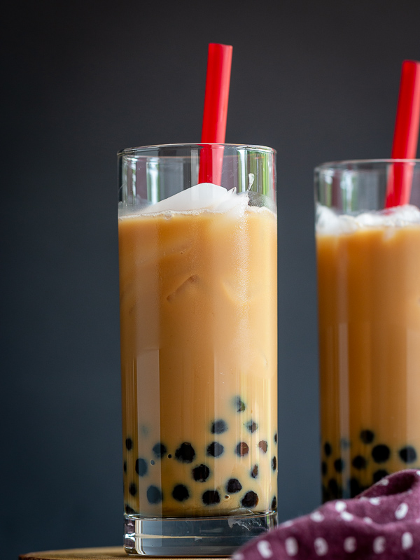 2 tall glasses of Homemade Cream Earl Grey Bubble tea. 