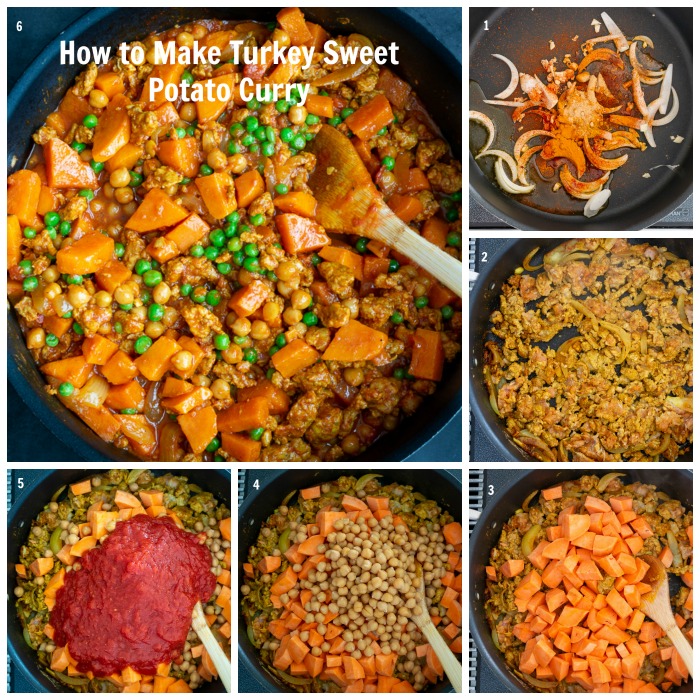 Step by Step adding all the ingredients in the pan to make ground turkey sweet potato curry.