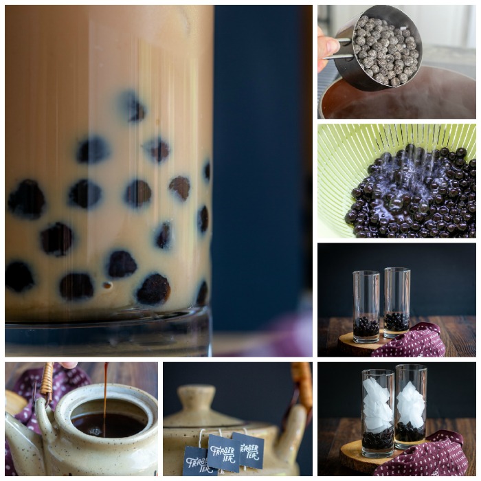 Step By step collage of bubble tea being made.