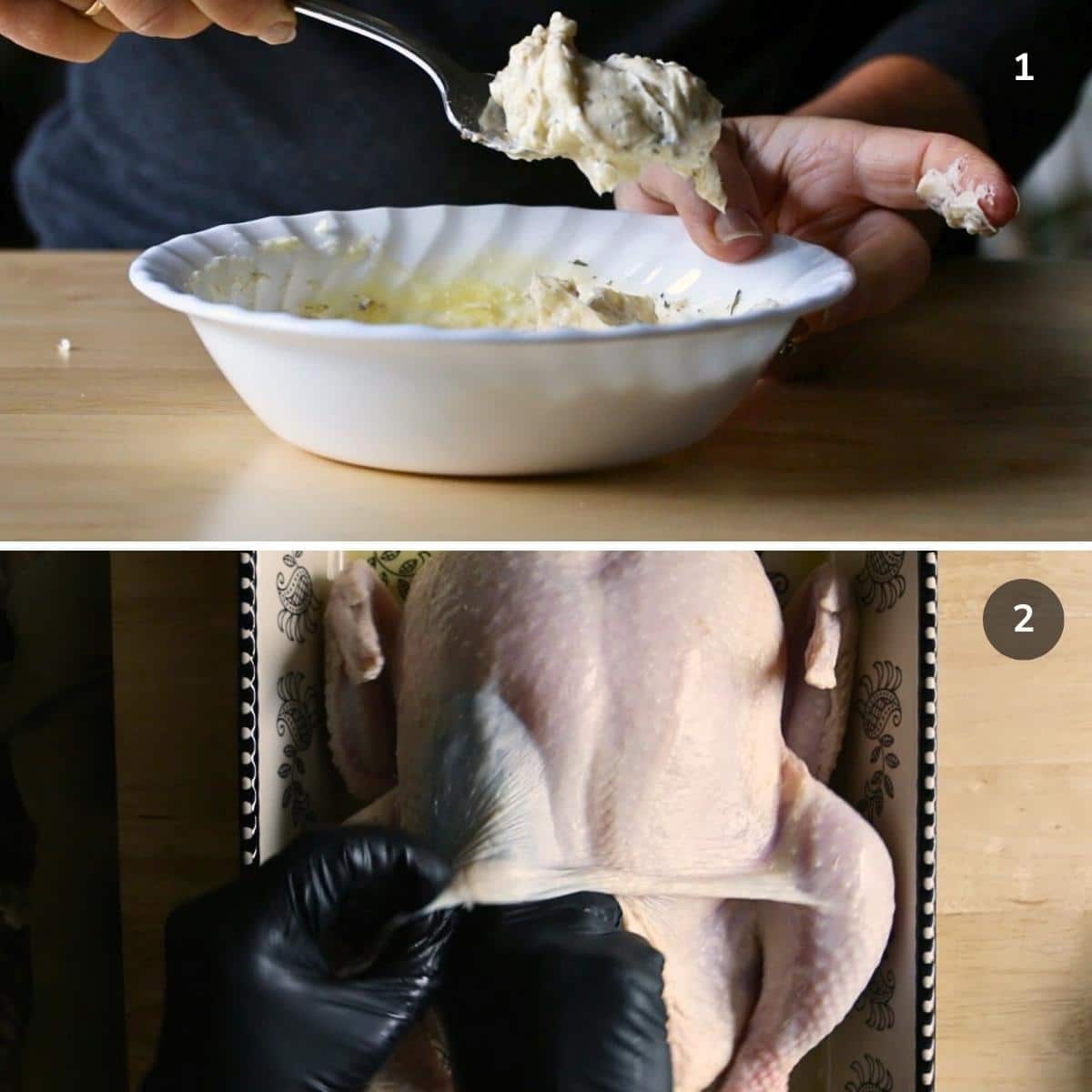 Making the herbed butter for chicken and making the space for it under the skin. 