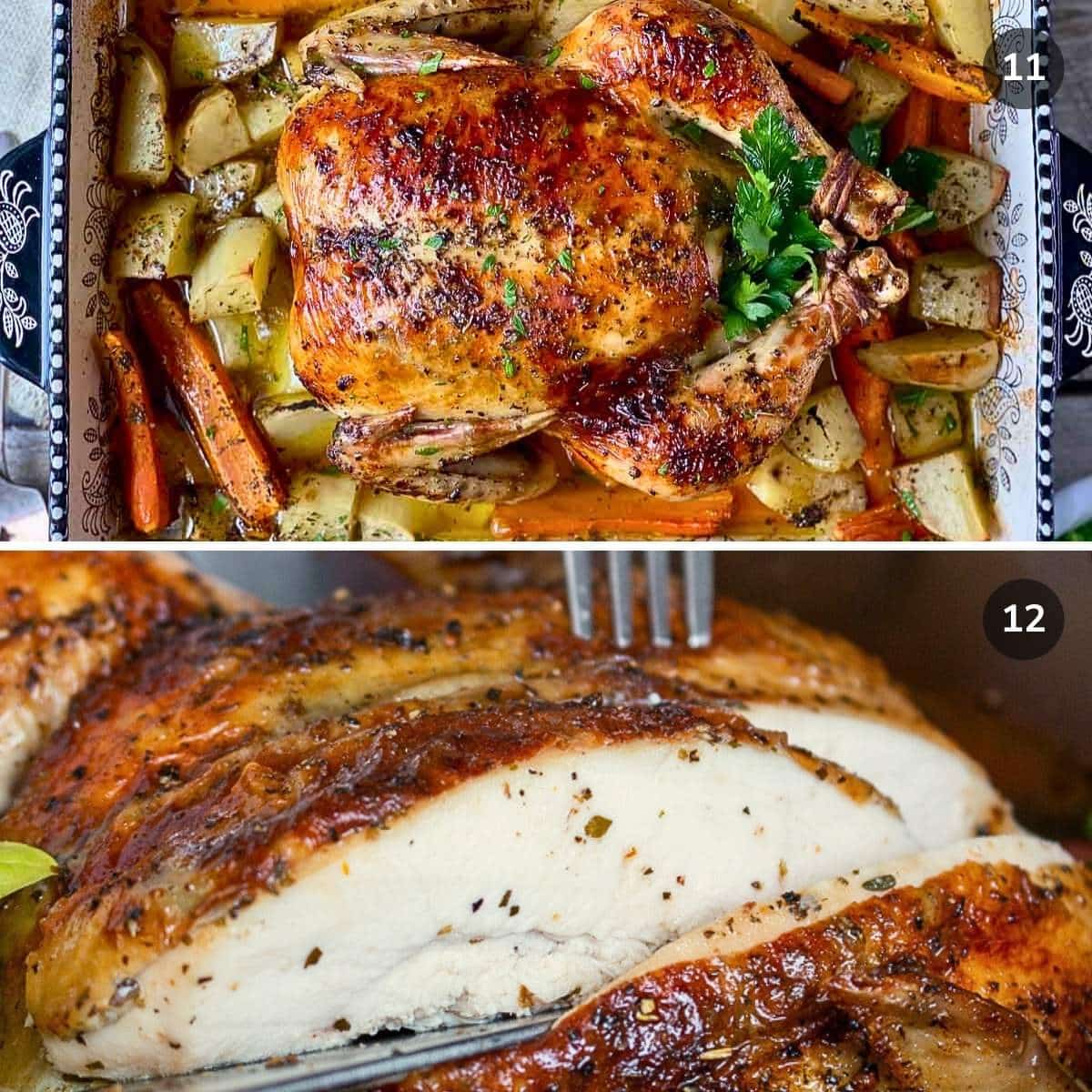 Golden brown whole baked savory chicken with root vegetables in a pan and cutting into a juicy slice. 
