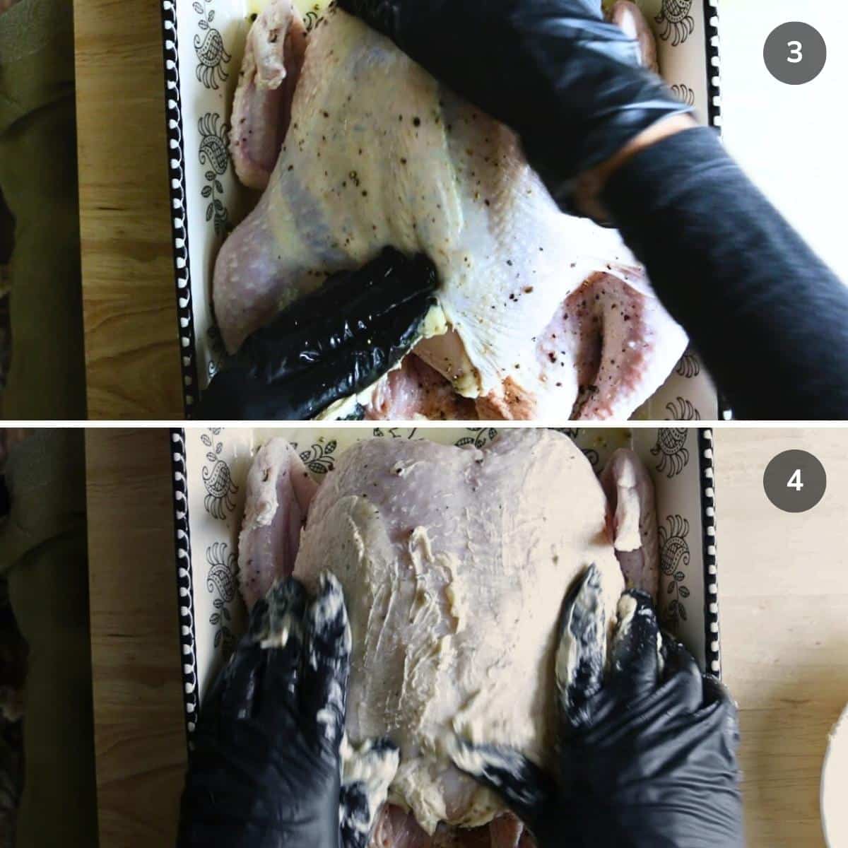 Stuffing the butter under  the chicken skin and over.