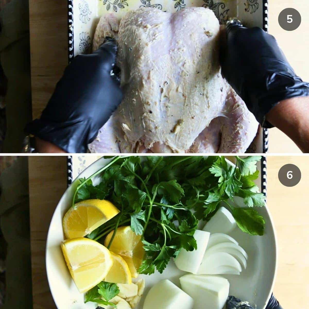 Positioning the chicken wings downward and showing the lemon and herbs to stuff the cavity of the chicken.