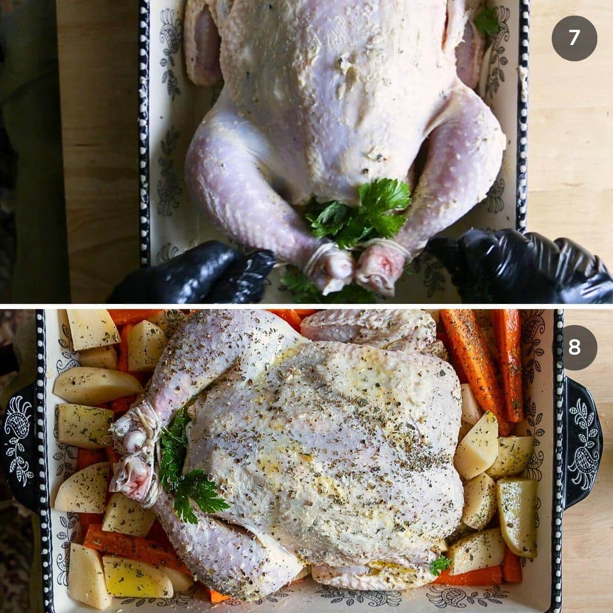 Trussing the chicken legs together with string and adding potatoes and carrots to the pan.