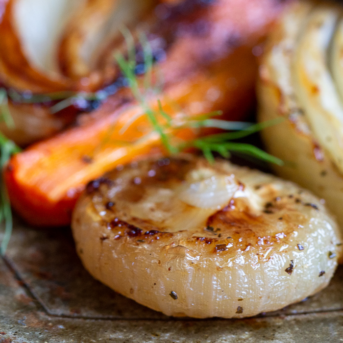 Close up shot of the Cipollini onions with crispy caramelized edges. 