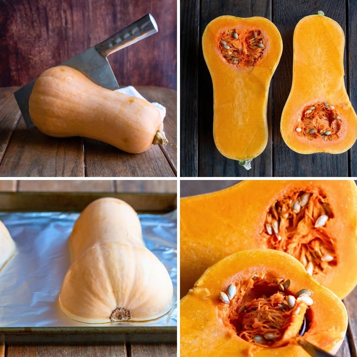 Demonstrating how to cut, remove seeds from a whole butternut squash to roast.