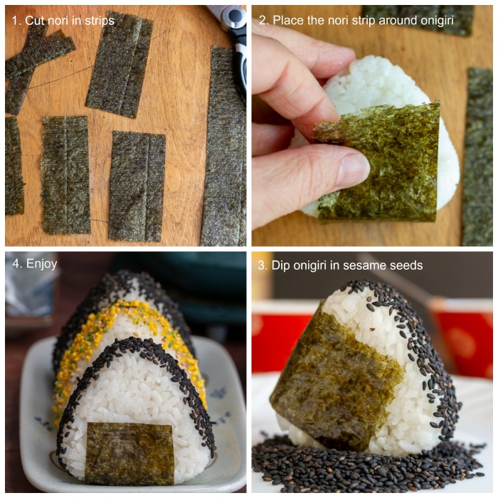 4 Steps on how to cut and wrap fresh onigiri and dip into sesame seeds.