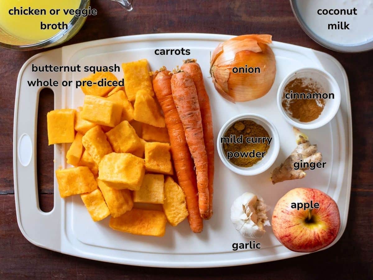 Ingredients to make the sheet pan soup but showing with pre-cut peel and chopped butternut squash cubes from the grocery store.
