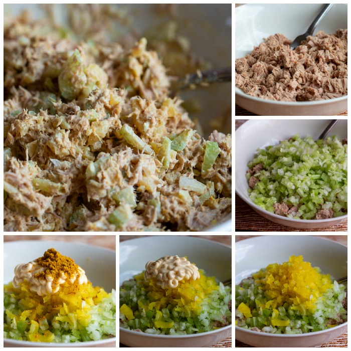 6 steps of adding the ingredients to the tuna salad and stirred up and ready for use. 