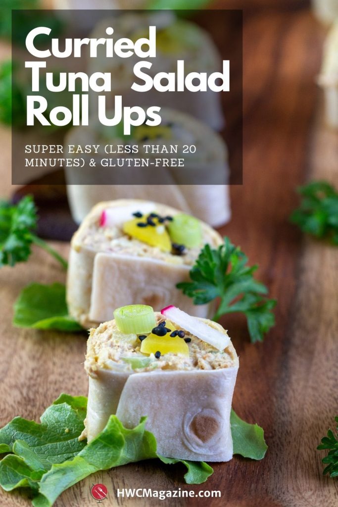 Curried Tuna Salad Roll Ups Ups are a super easy appetizer or lunch idea made with zippy curry tuna salad with Japanese Diakon pickles rolled up in a gluten-free or low carb tortilla. #HWCMagazine #tuna #appetizer #snack #rollups #japanesefood #easyrecipe/ https://www.hwcmagazine.com