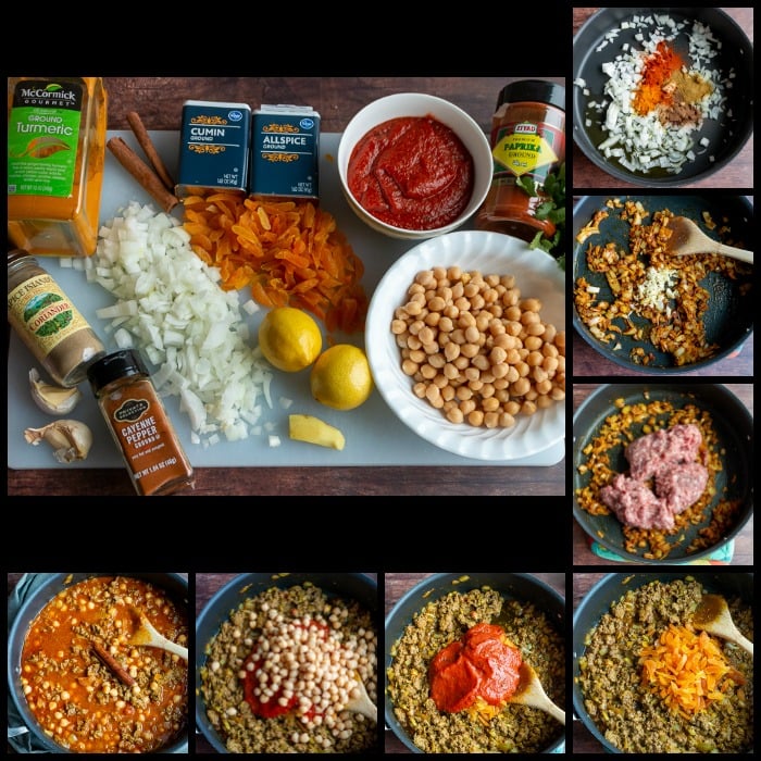 Showing the step by step on how to make the stew and all the spices and ingredients laid out.