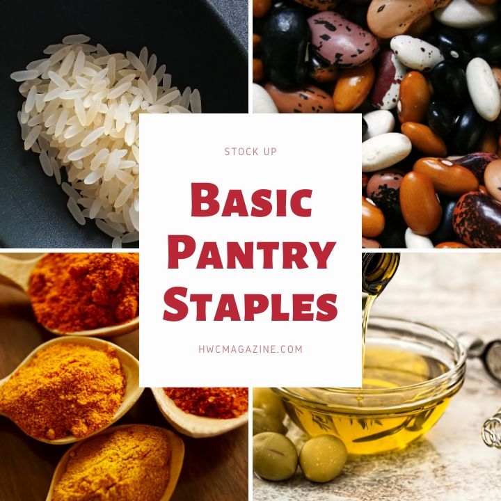 Basic Pantry staples of rice, beans , spices and oil for Pantry Recipes for Emergency Preparedness.