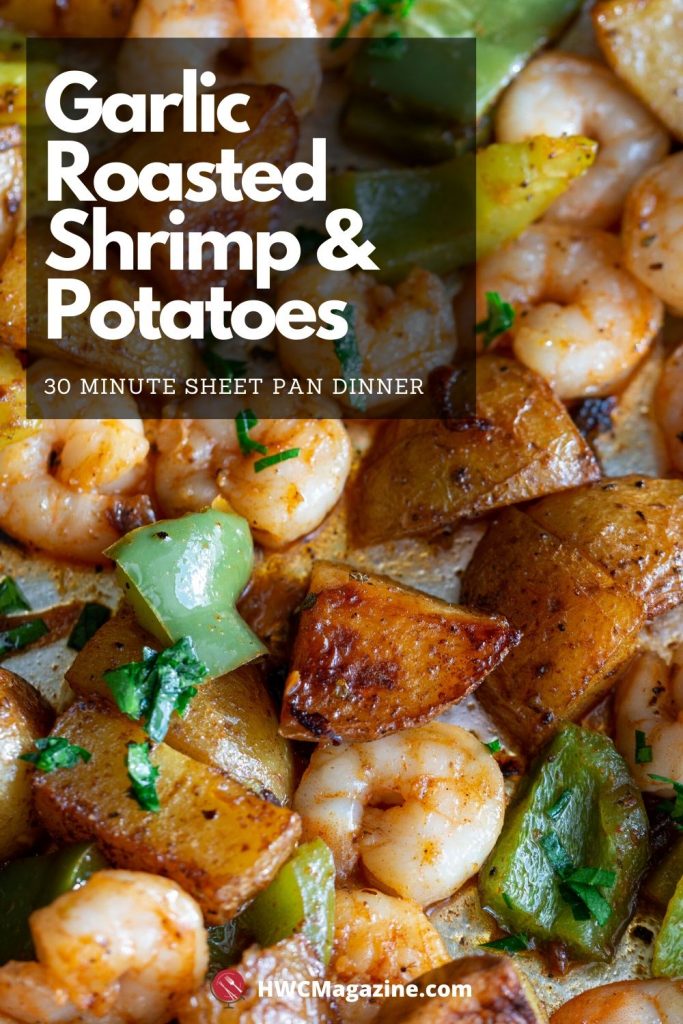 Garlic Roasted Shrimp and Potatoes on a sheet pan.