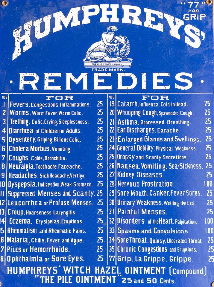 Photo of Humphreys Remedies listing everything from a toothache cure to cough and everything in between.