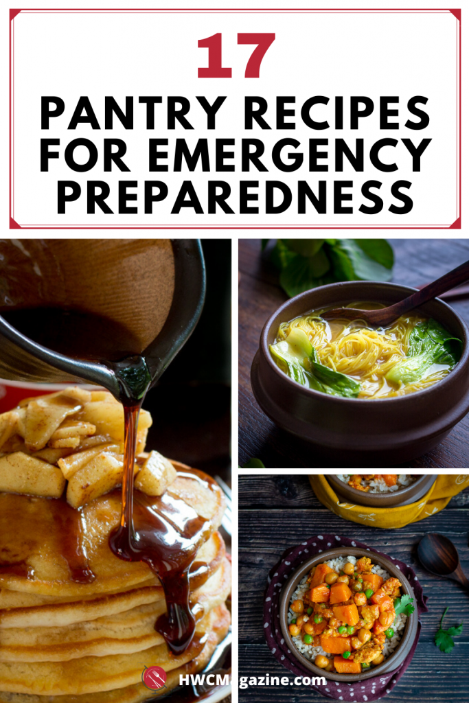 Pantry Recipes for Emergency Preparedness with homemade breakfast syrup, noodle soup and turkey sweet potato curry.