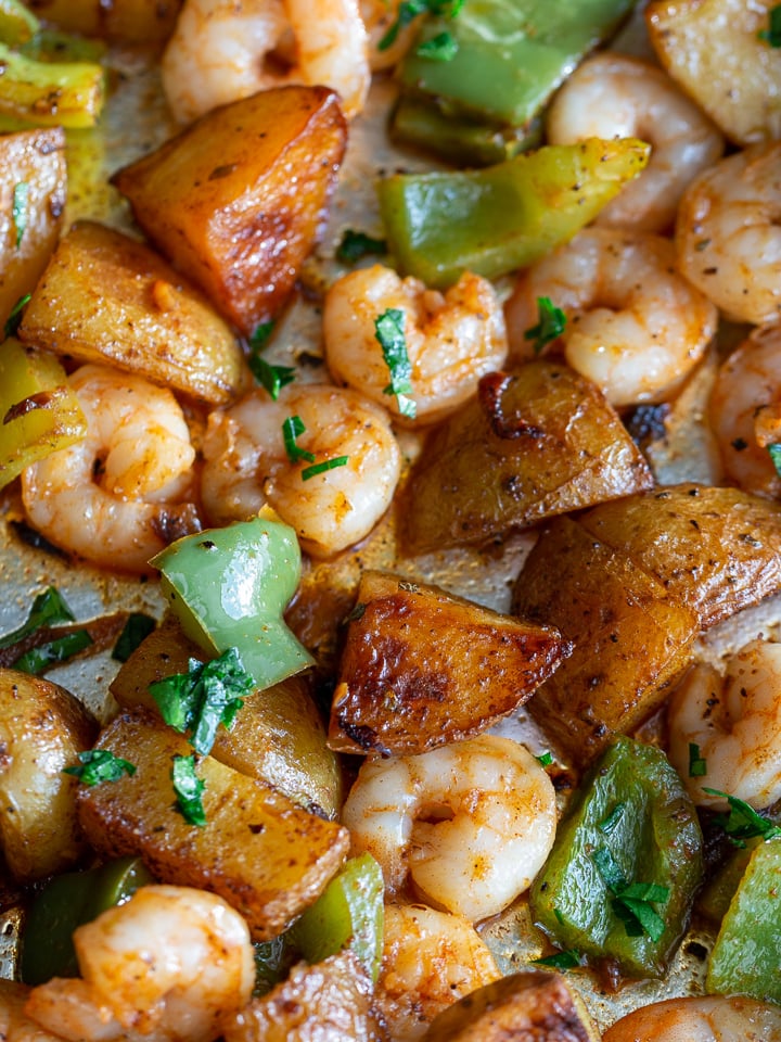 The last 5 minutes in the oven with the shrimp, peppers and roasted potatoes on a sheet pan. 