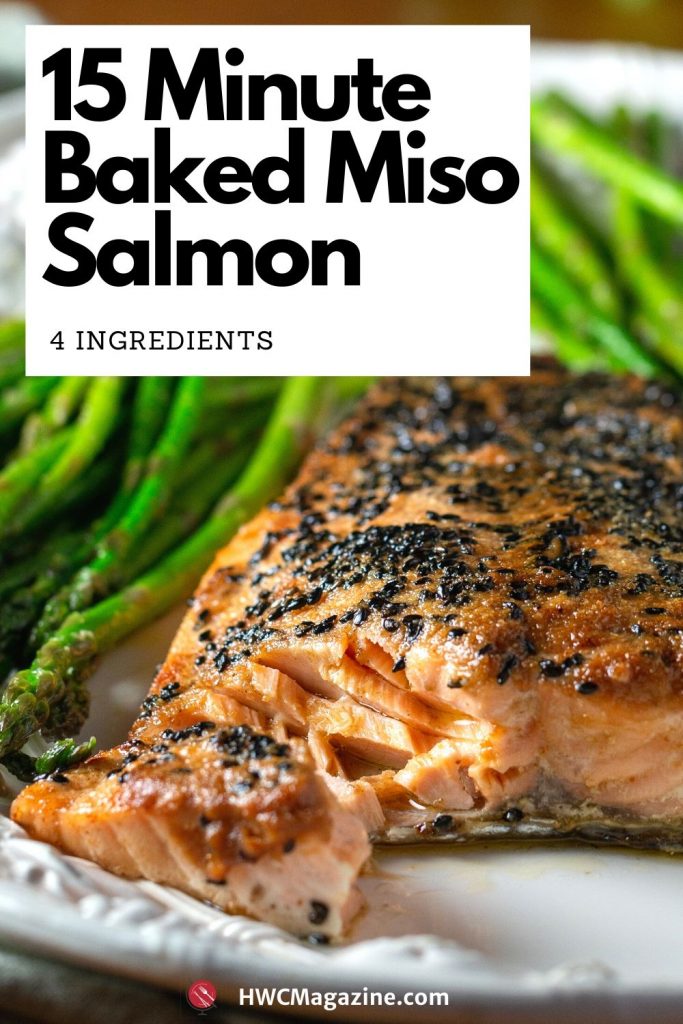 15 minute baked miso salmon with just 4 ingredients. The bite shot with flaky salmon on a fork.