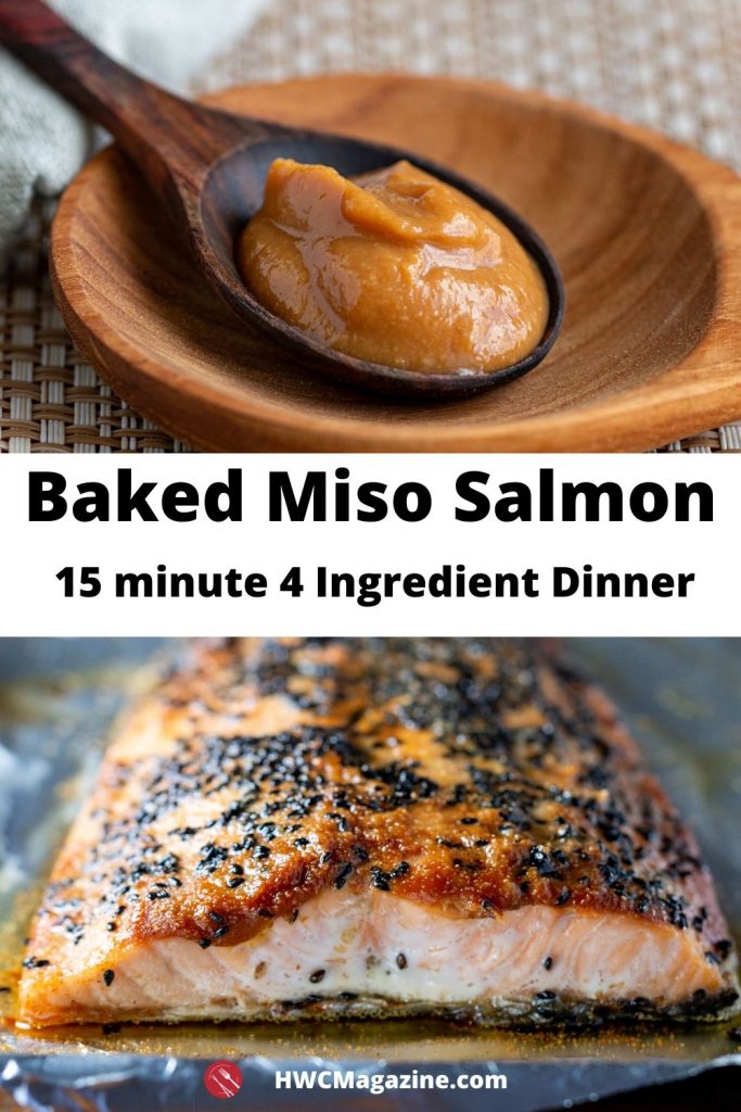 Baked Miso Salmon 15 minute dinner and only 4 ingredients. Showing a spoonful of miso on top and baked salmon on bottom.