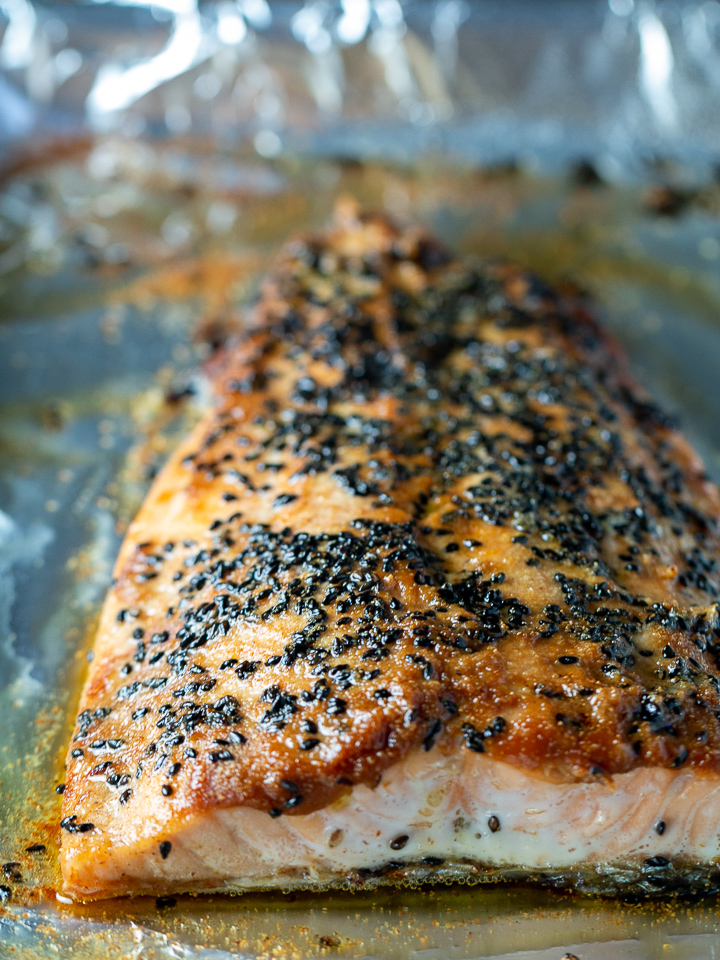 Miso Salmon just out of the oven on a sheet pan. 