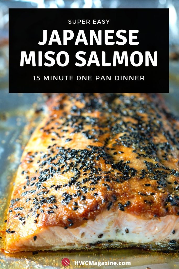 Japanese Miso Salmon with black sesame seeds on a sheet pan.