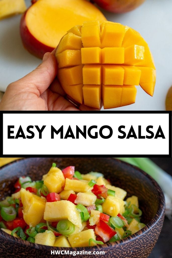 Top photo is of a cut mango and bottom is the mango salsa.