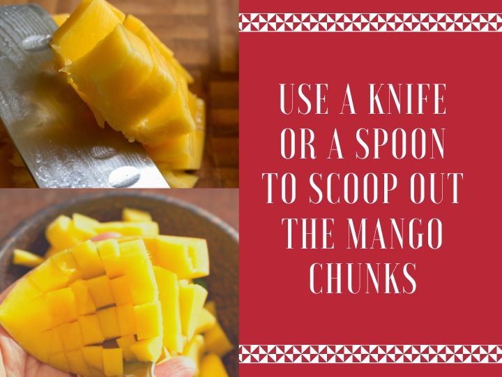 Using a spoon to scoop out mango.