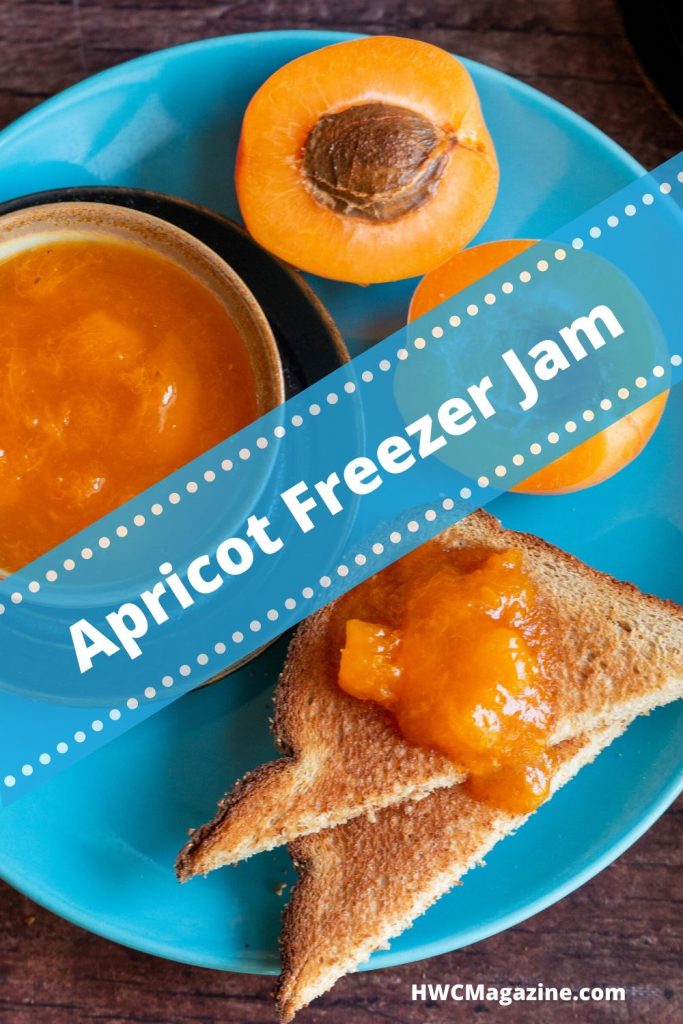 Top down shot of apricot freezer jam on toast on blue plate with a blue sign.