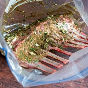 Rack of lamb in a big baggie with all the garlic, za'atar, olive oil and spices.