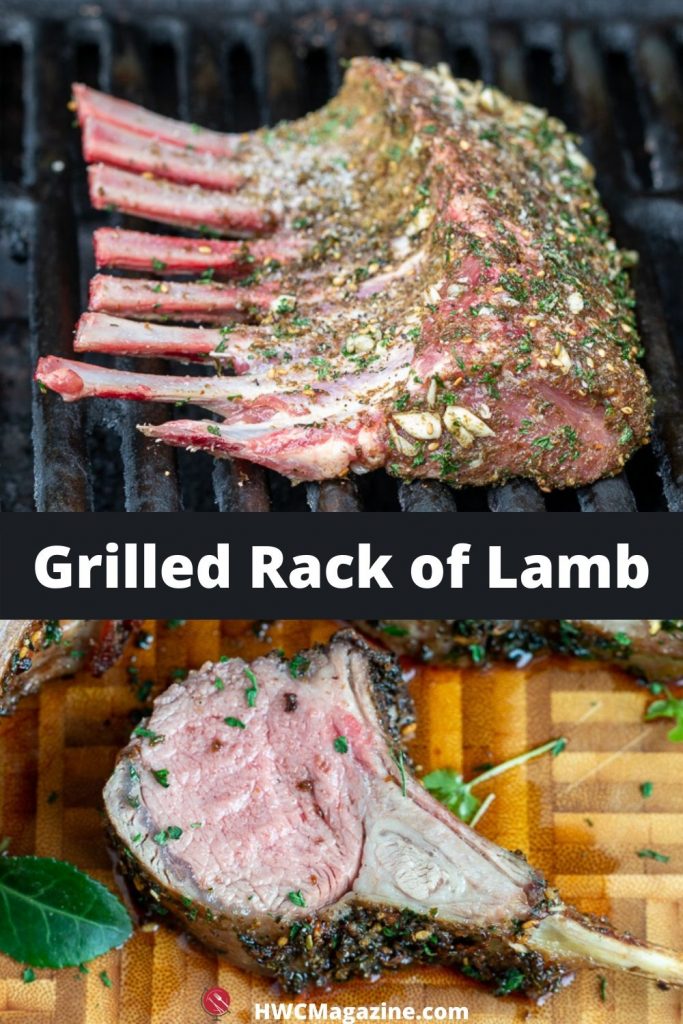 Top photo is whole rack of lamb on grill and the bottom photo is grilled to perfection sliced lamb lollies.
