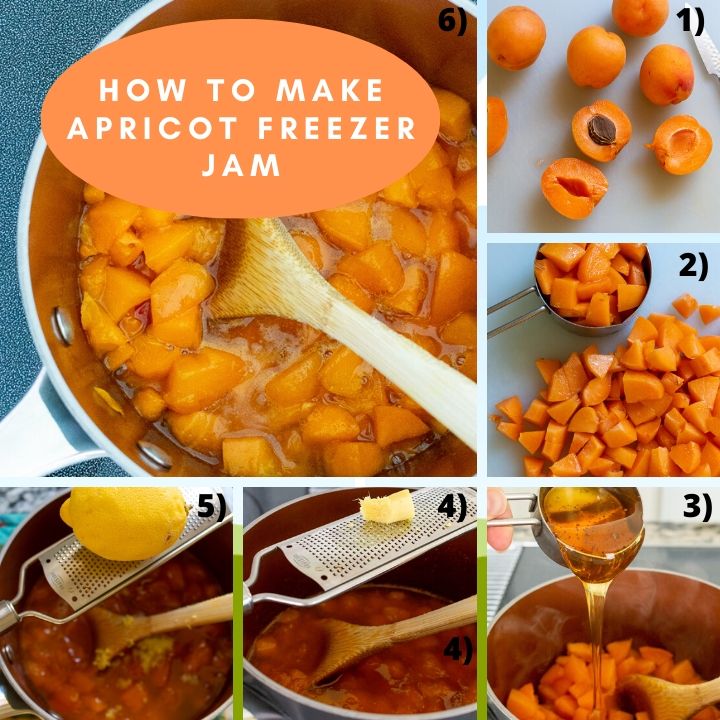 Step by step showing adding honey, ginger and lemon zest to apricots and cooking over the stove in a pot.