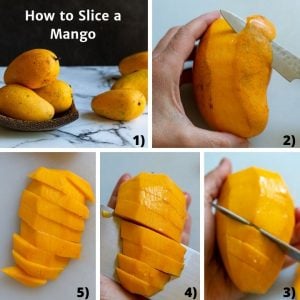 Demonstration on how to peel and slice a mango.