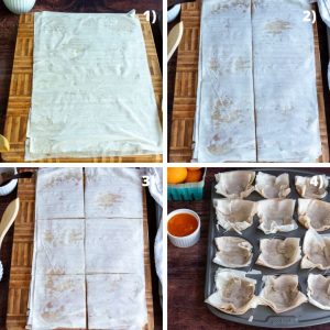 Phyllo dough getting cut into sections to fit onto the cupcake pan.