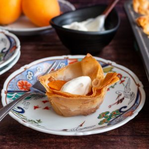 Mini Apricot Tart on a beautiful Japanese plate with a bowl of coconut whipped topping on the background.