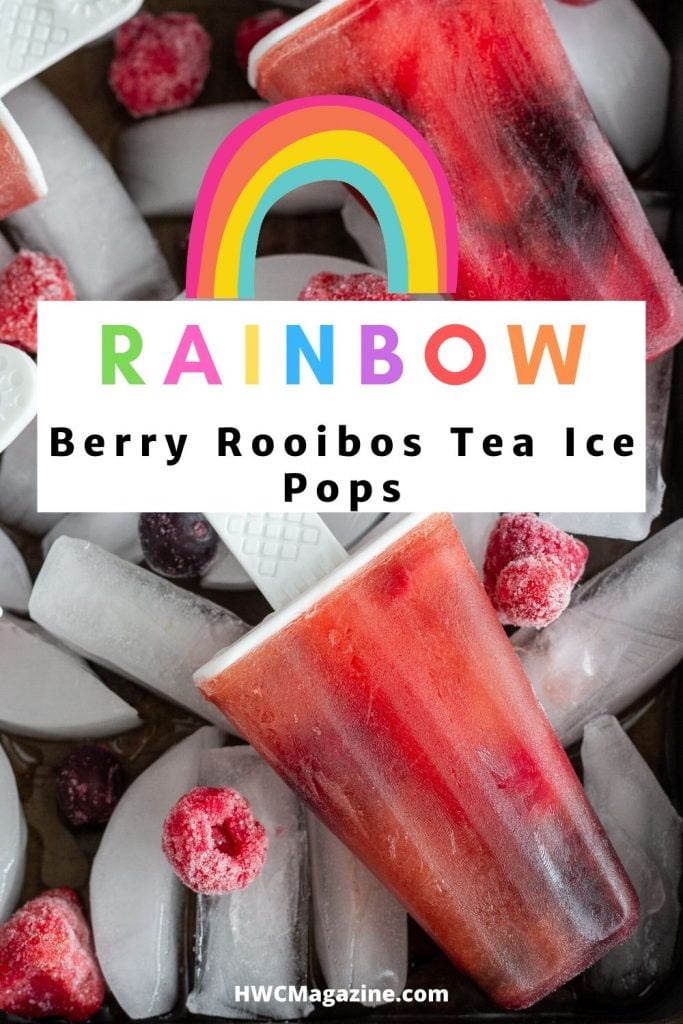 Rainbow rooibos Iced Tea Pops on a layer of ice ready for serving.