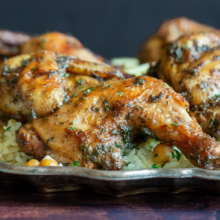 Close up shot of the crispy skin of the Moroccan Spiced Cornish hens. 