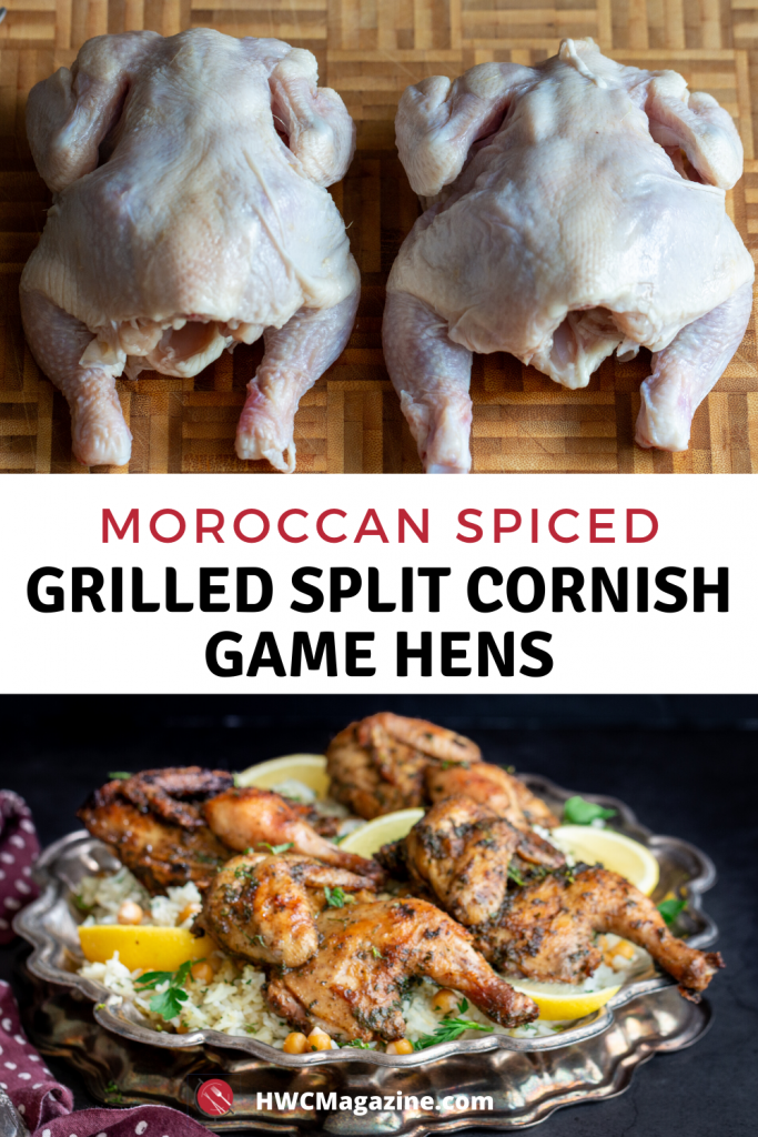 Top photo of 2 small cornish hens and bottom of grilled Moroccan Cornish hens on a silver platter.