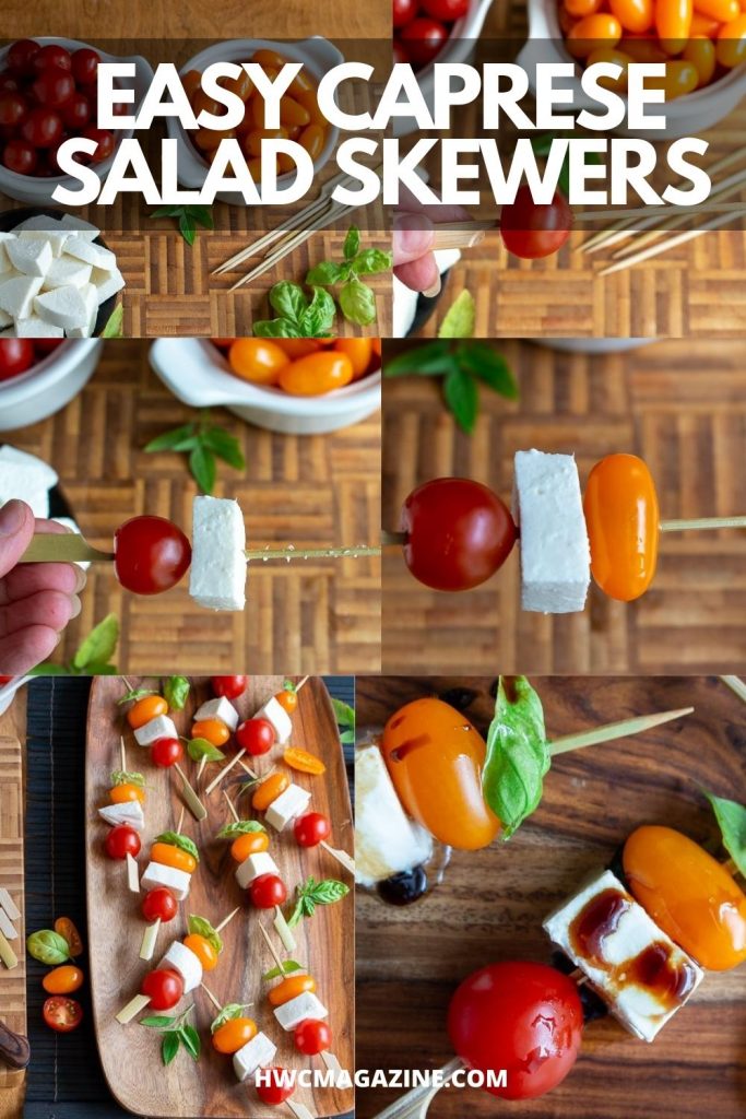 Step by step showing how to make a caprese salad stick.