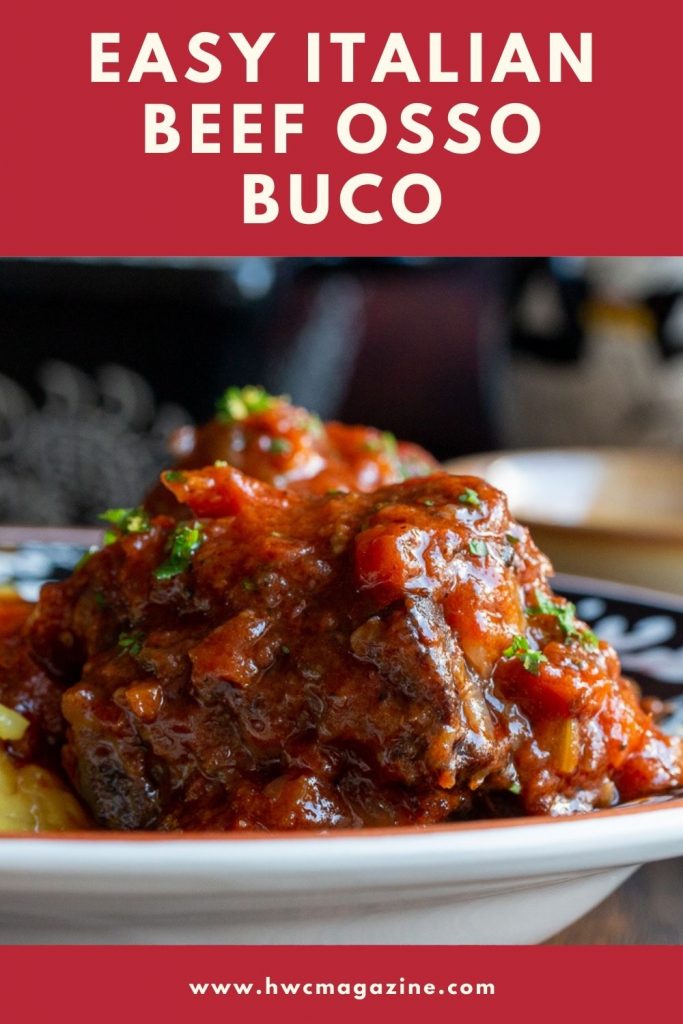 Close up shot of cooked osso buco in an Italian plate from Sienna.