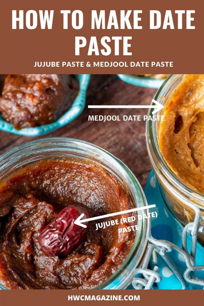 Jujube paste and Medjool date paste in glass jars on a wooden board.