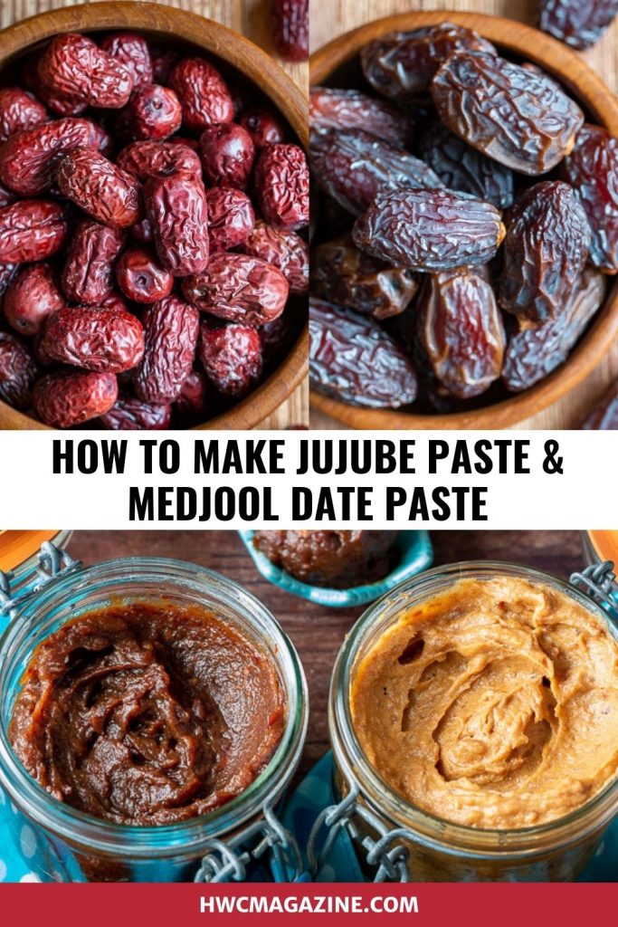 Red dates and Medjool whole dates with picture of them made into date pastes below.