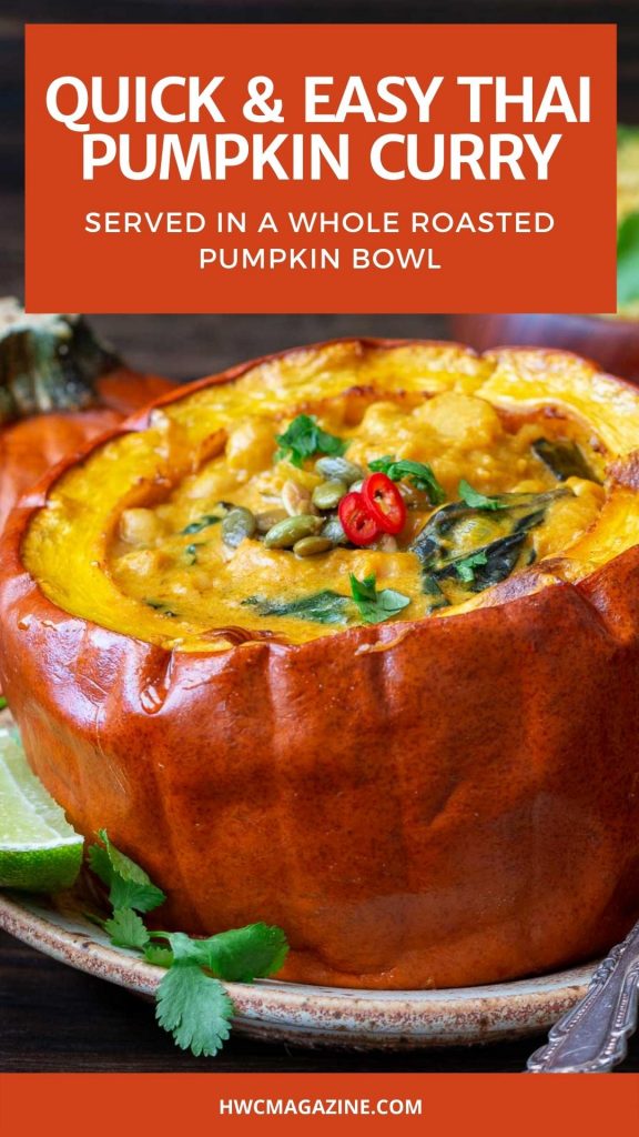 Coconut Chickpea curry in a whole roasted pumpkin bowl.