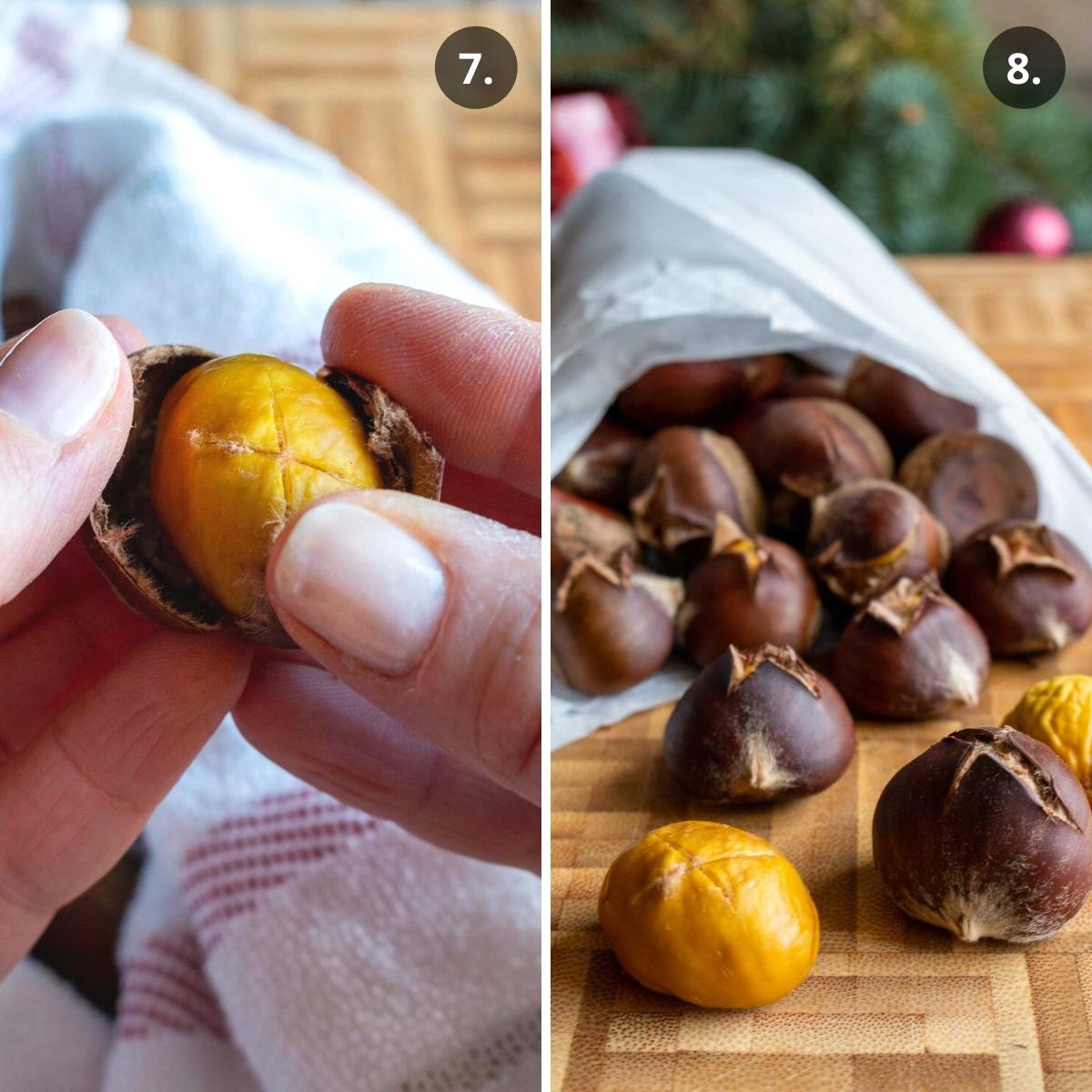 Chestnut getting peeled and in a paper sack.