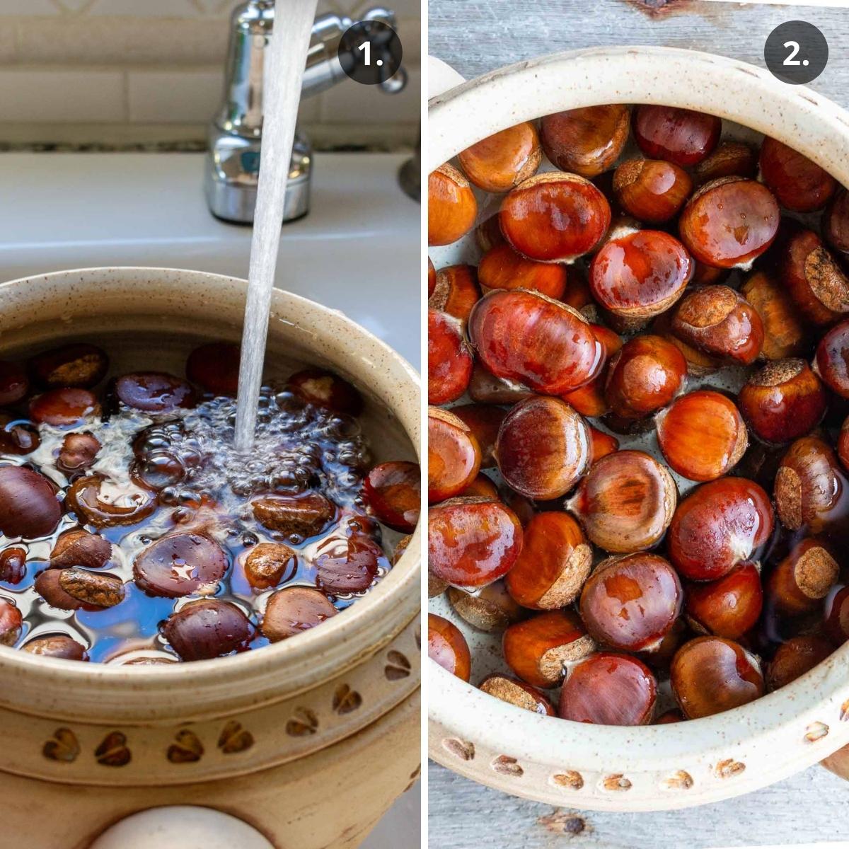 Chestnuts getting washed and soaked.