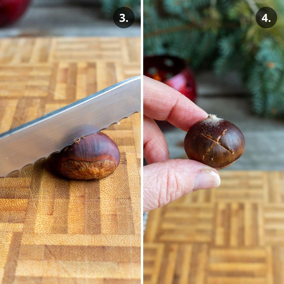 Scoring the chestnut with knife with and "x".