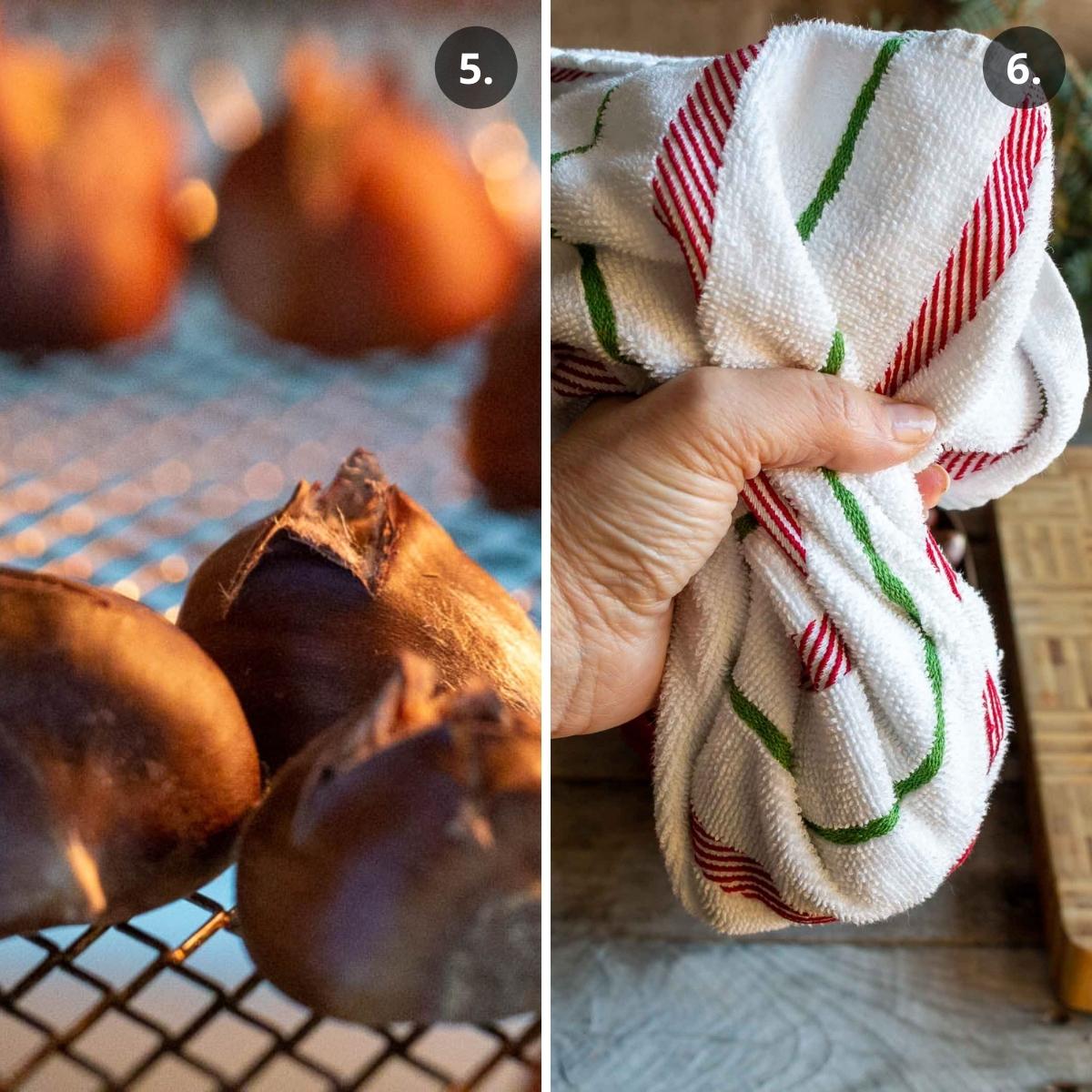chestnuts roasting in air fryer and getting wrapped up in a tea towel.