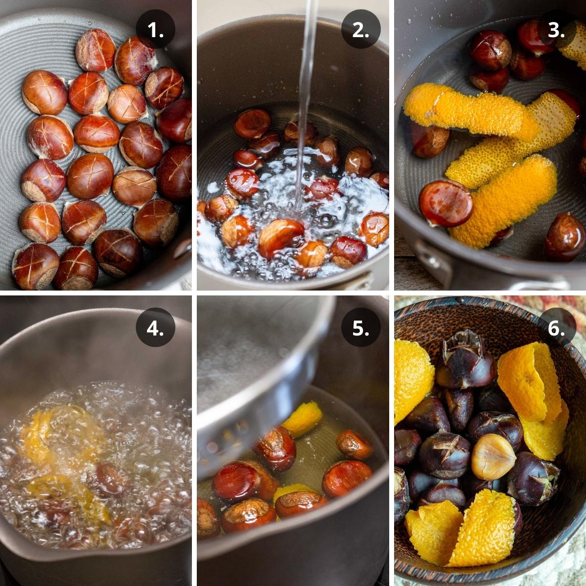 Step by step directions on how to boil chestnuts with orange peel.