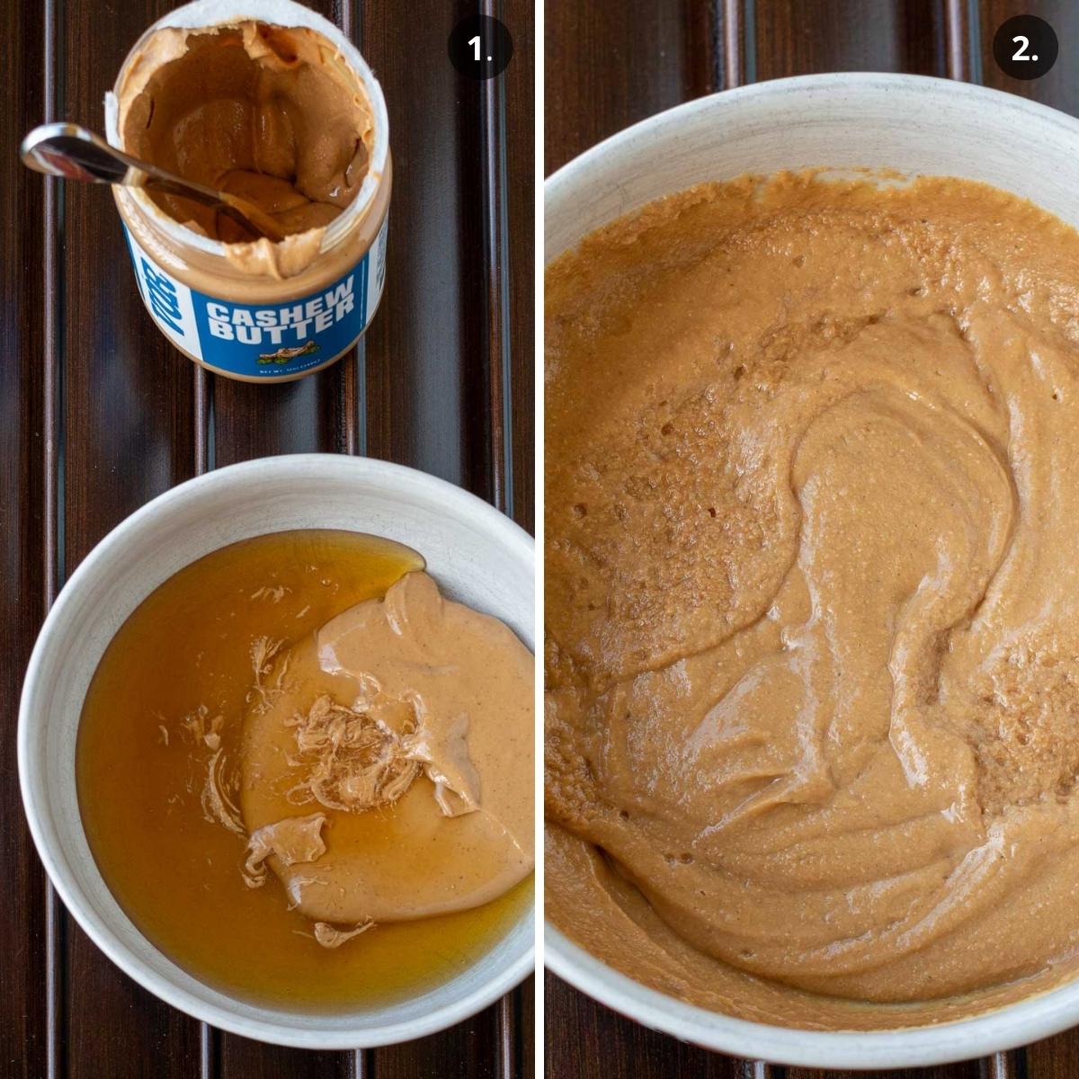 Cashew butter and maple syrup before and after heated in microwave.